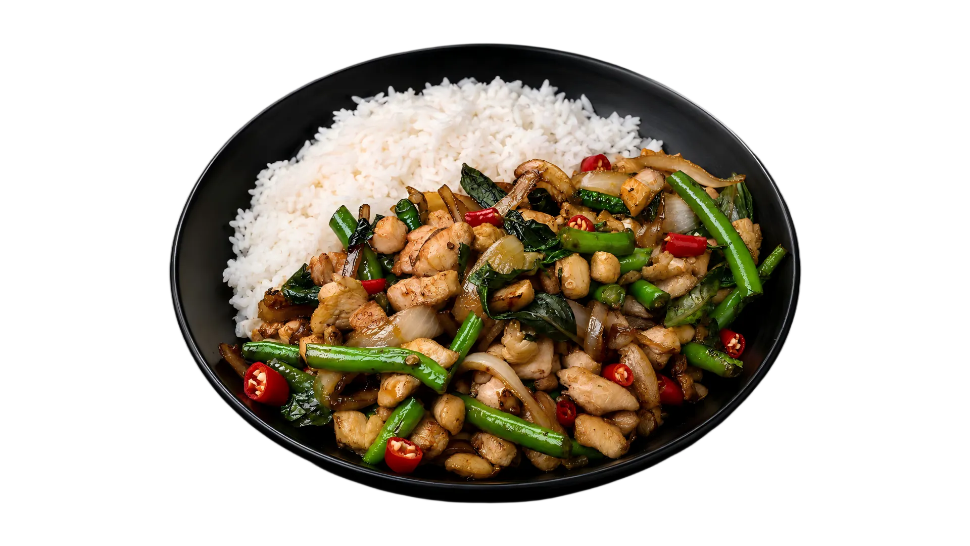 Basil chicken stir-fried with green beans, onions, chili peppers, and herbs, served with white rice Basil chicken stir-fried with green beans, onions, chili peppers, and herbs, served with white rice