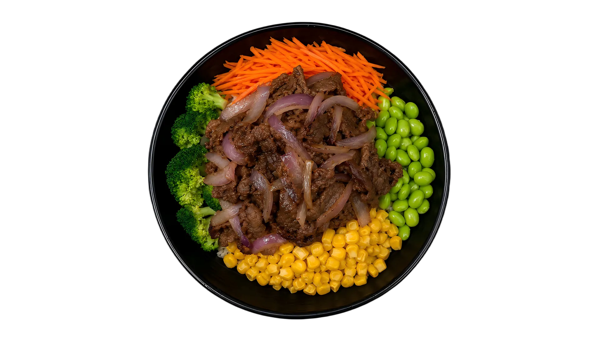 Beef rice bowl with onions, broccoli, carrots, corn, and edamame Beef rice bowl with onions, broccoli, carrots, corn, and edamame
