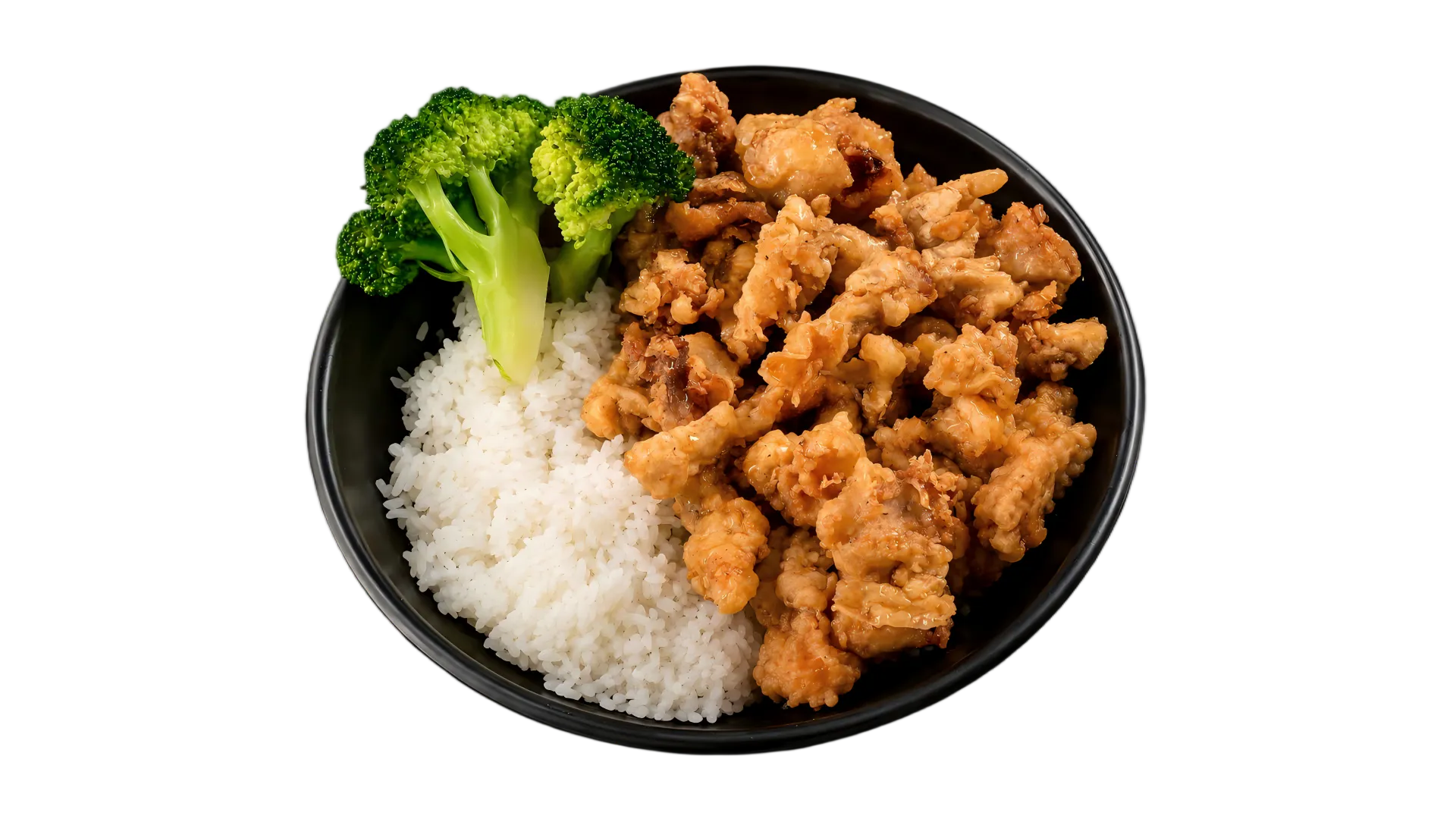 Crispy honey chicken served with steamed white rice and broccoli Crispy honey chicken served with steamed white rice and broccoli