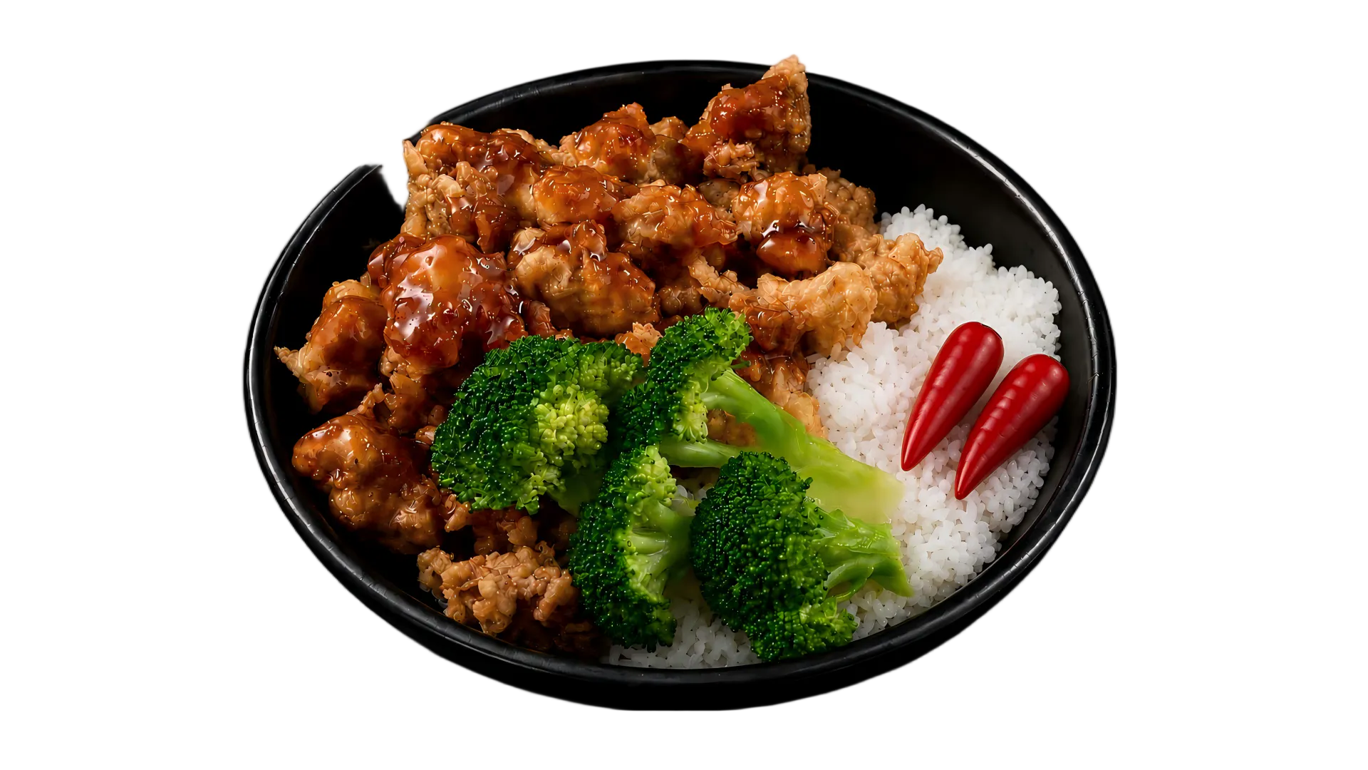 Spicy crispy chicken served with white rice, broccoli, and red chili peppers Spicy crispy chicken served with white rice, broccoli, and red chili peppers